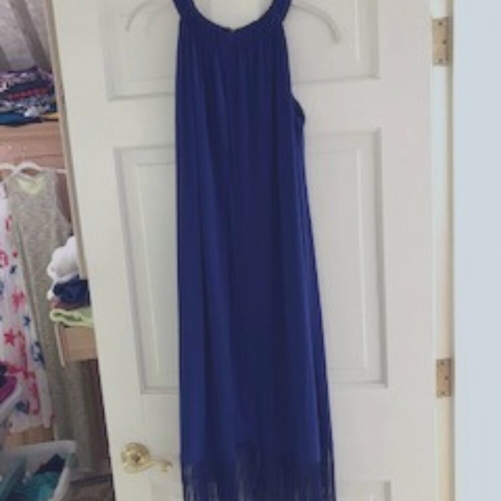 2-layered cobalt blue fringed halter party dress